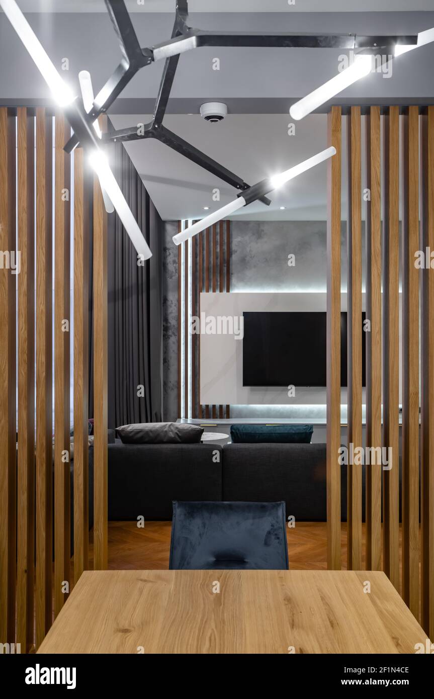 View from kitchen to living room in luxury private house. Modern ...