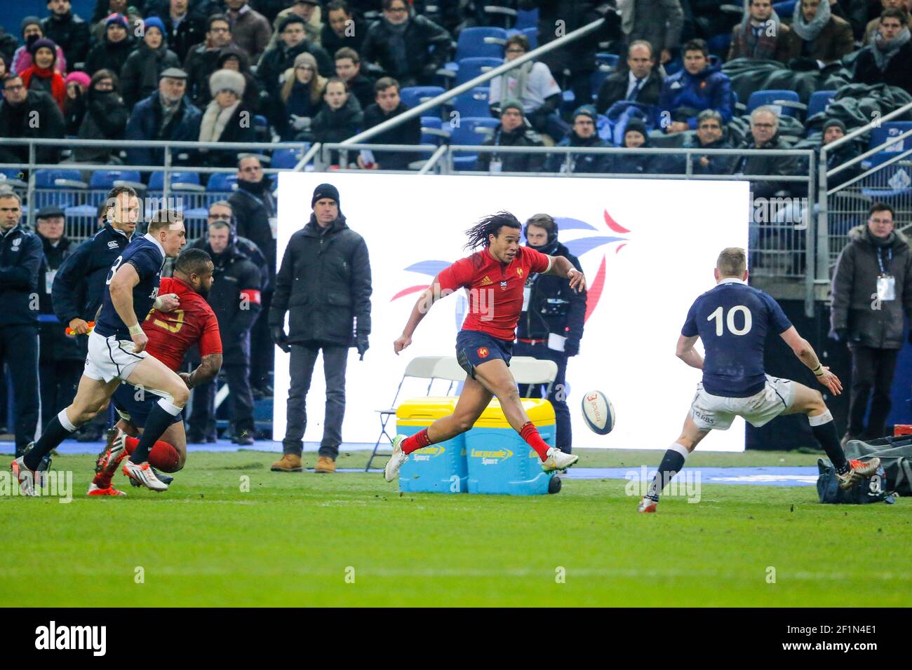 Teddy Thomas (FRA) kicked the bal behind Finn Russell (SCO) during the RBS 6 Nations Championship 2015 rugby union match between France and Scotland on February 7, 2015 at Stade de France in Saint Denis, France. Photo Stephane Allaman / DPPI Stock Photo