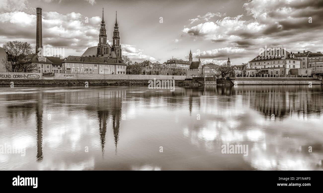 OPOLE, POLAND - Mar 06, 2021: the city of Opole in Upper Silesia in Poland on the Odra River spring landscape Stock Photo