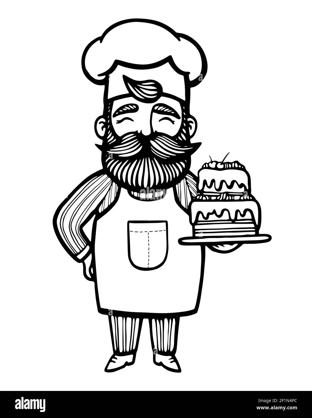 Bakery. Hand drawn vector illustration of chefcooker with a mustache