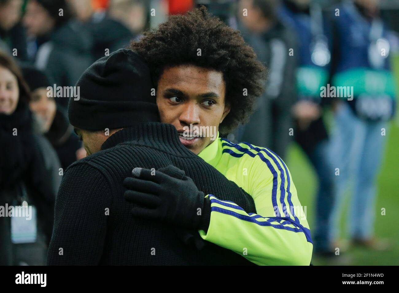 Willian Borges da Silva (Chelsea) conforted Lucas Rodrigues Moura da Silva (psg) at warm up during the UEFA Champions League 1/8 final football match between Paris Saint-Germain and Chelsea on February 17, 2015 at Parc des Princes stadium in Paris, France. Photo Stephane Allaman / DPPI Stock Photo