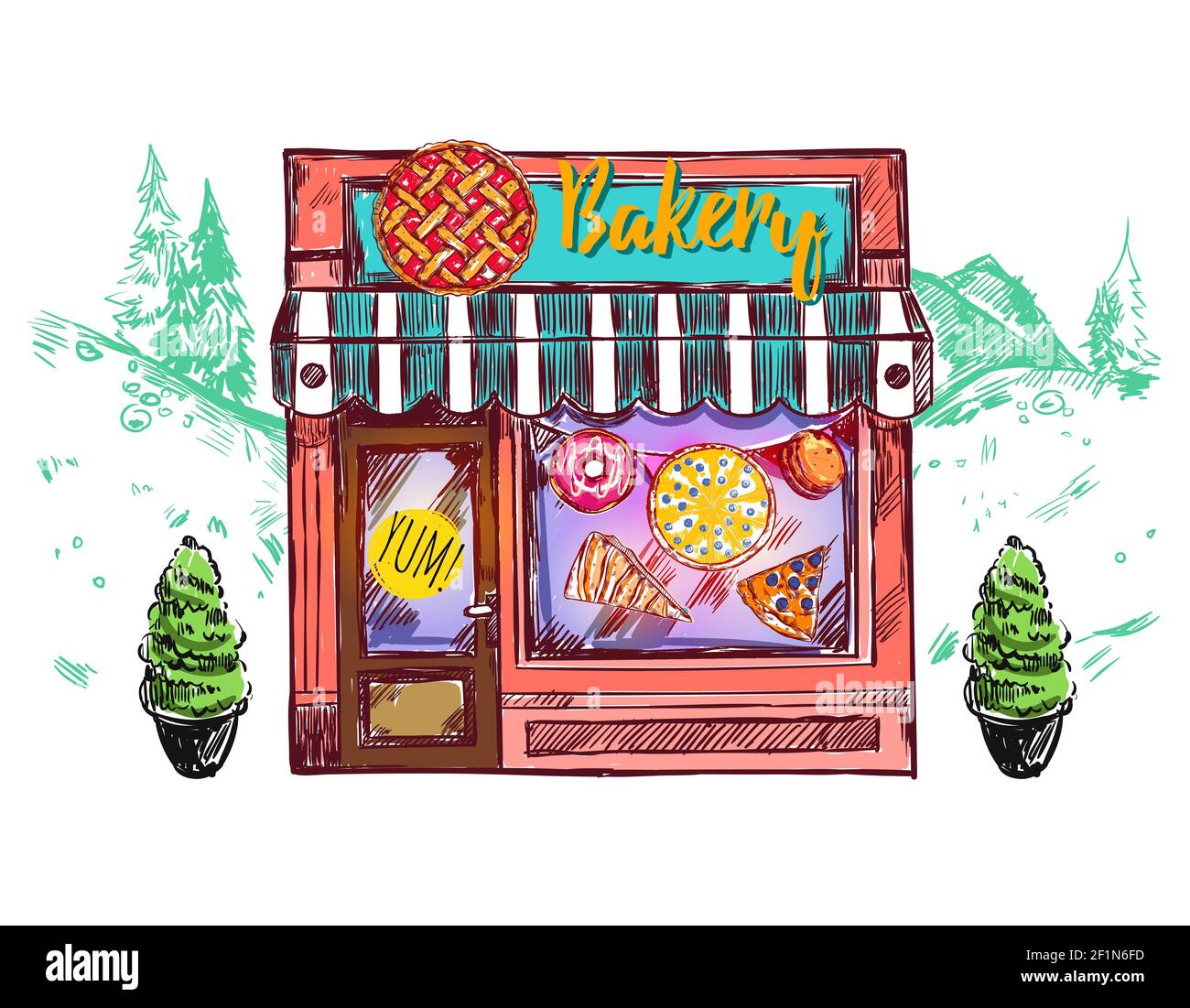 Colored bakery cafe windows composition with green plants around and little cafe vector illustration Stock Vector