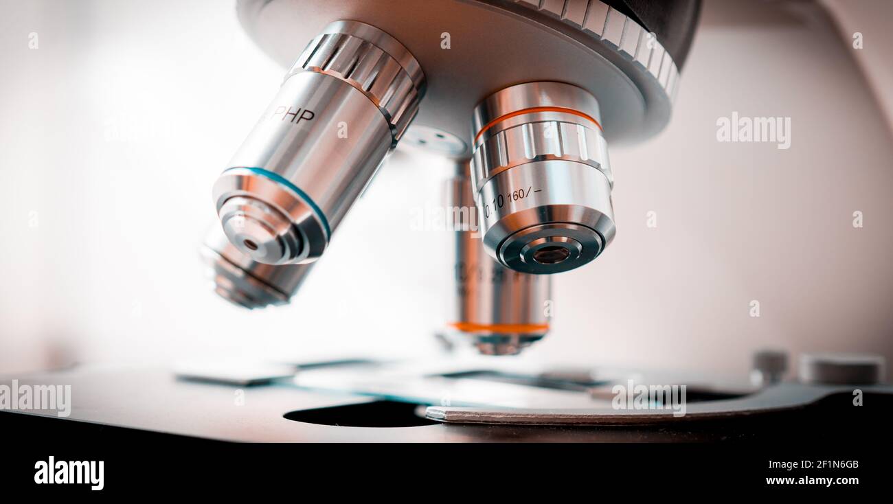 Scientific microscope lenses close up Stock Photo Alamy