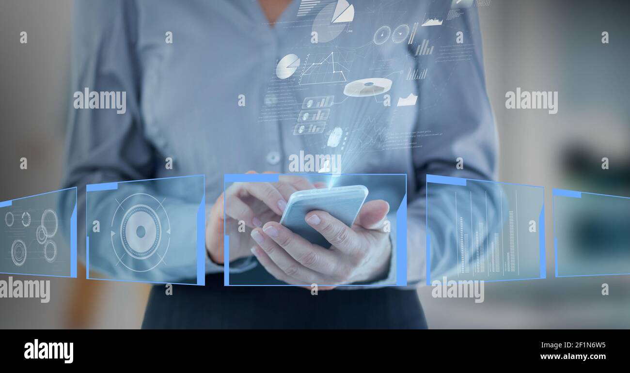 Digital interface with data processing over mid section of businesswoman using smartphone Stock Photo