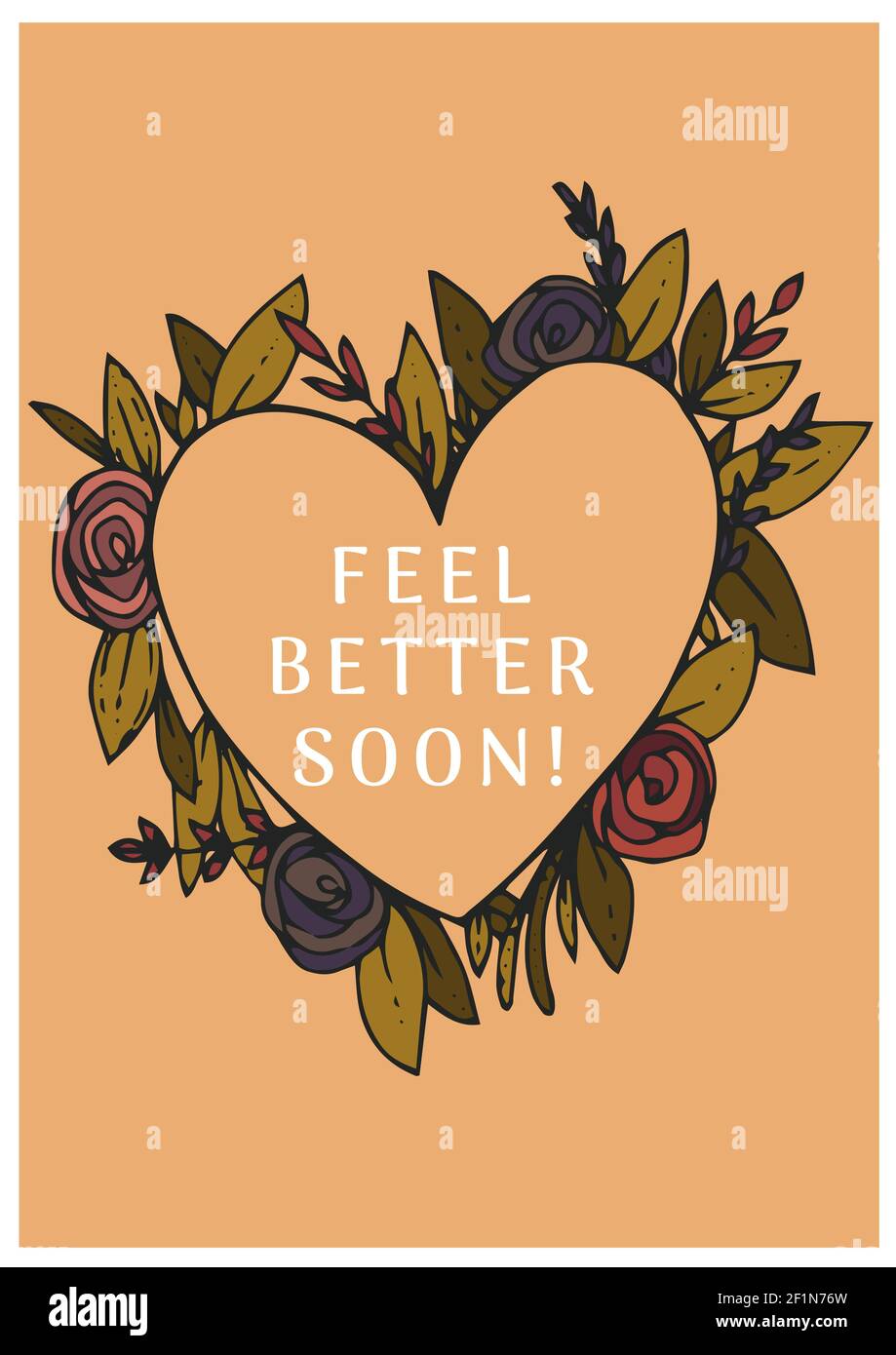 Feel better soon text in heart and flowers on orange background Stock Photo