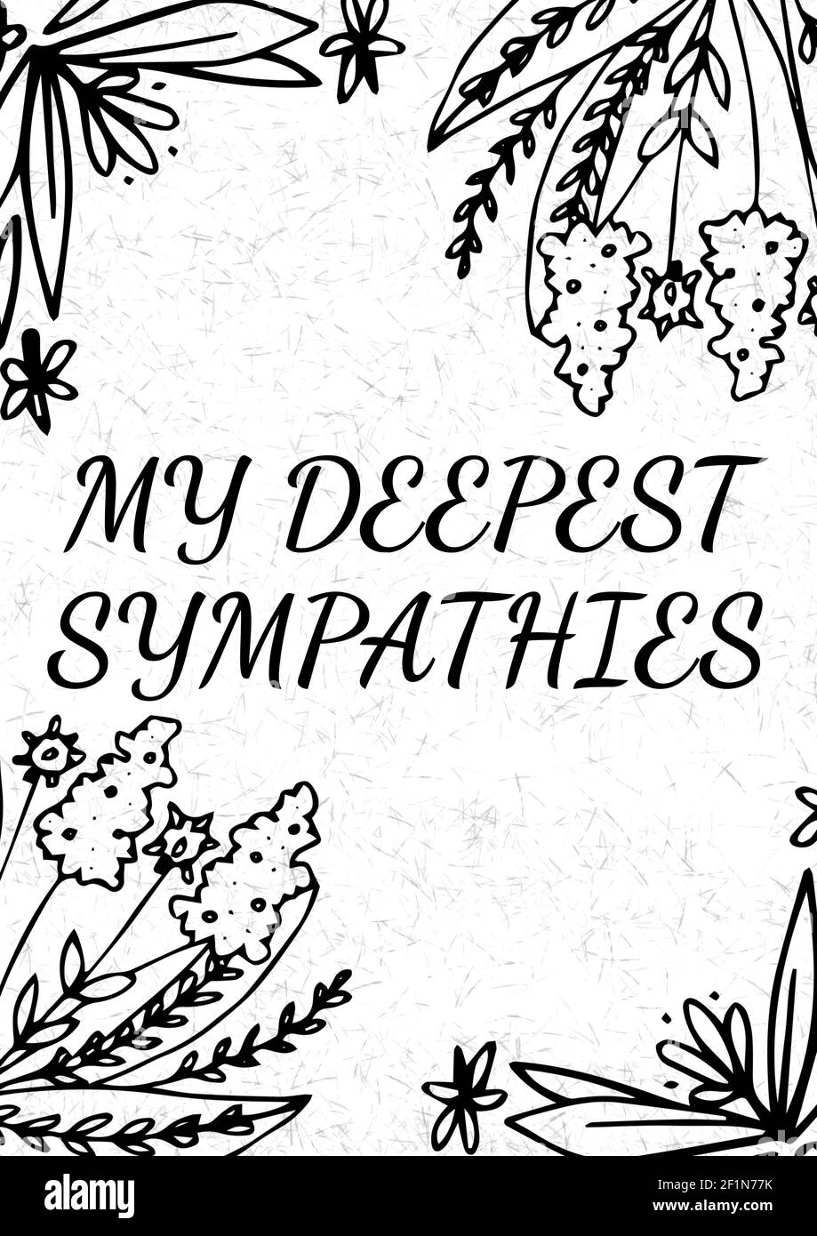 My deepest sympathy text with illustration of flowers in black on white background Stock Photo