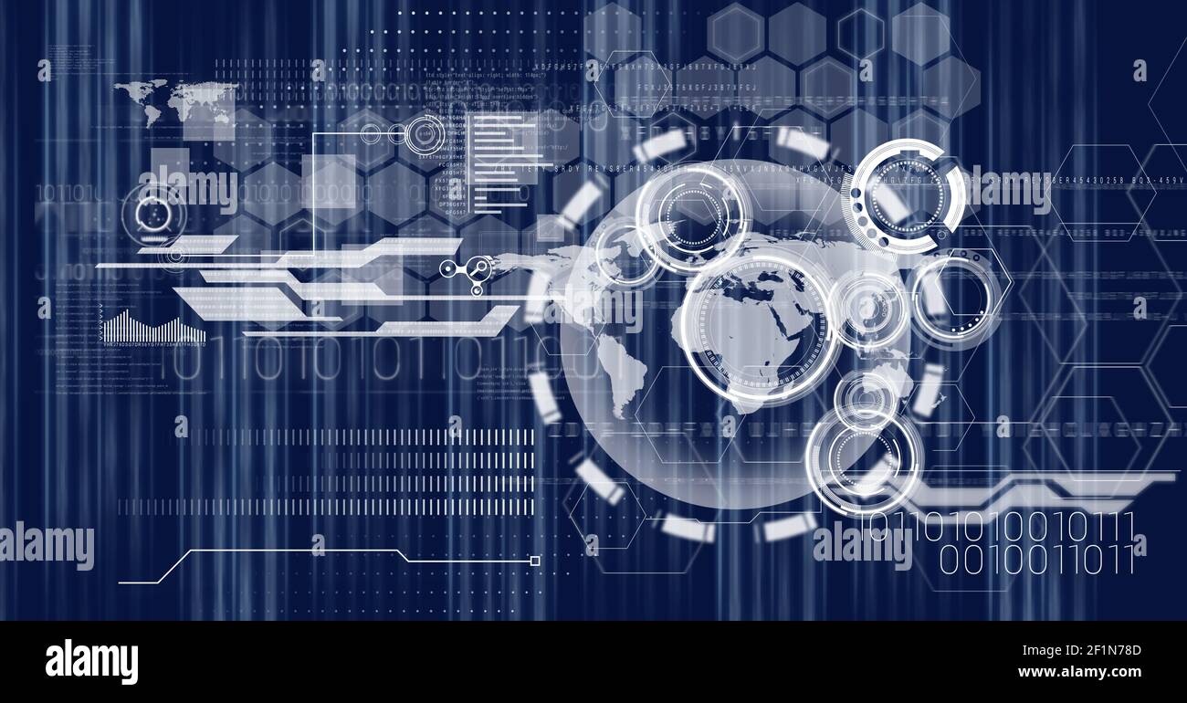 Digital interface with data processing and globe against blue ...