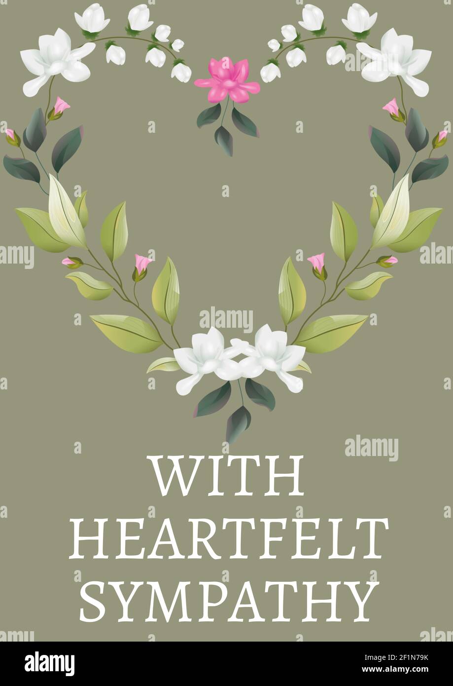 With heartfelt sympathy text with illustration of flowers on green background Stock Photo
