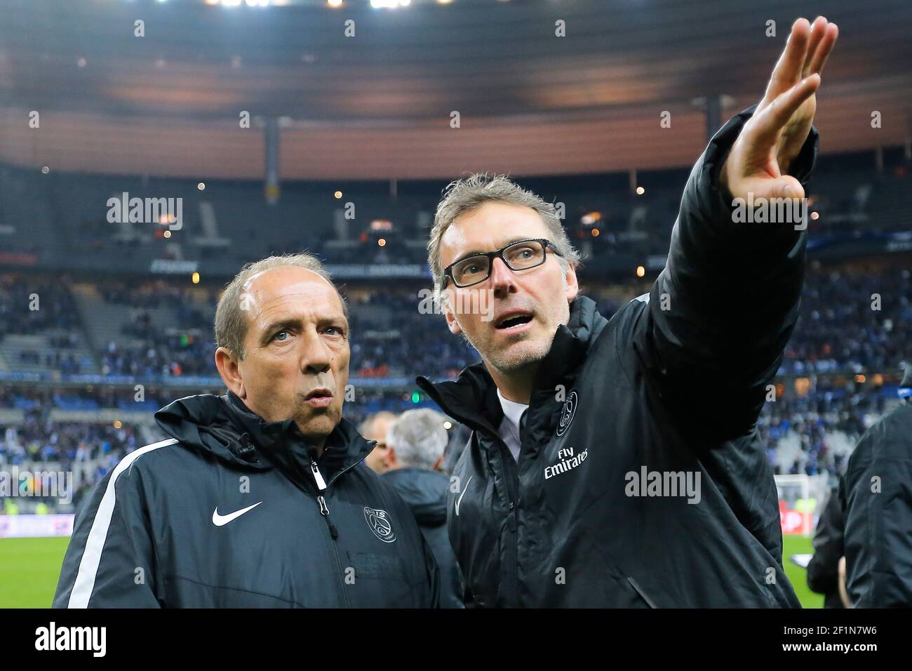 Jean-Louis Gasset (psg) and Laurent Blanc (psg) during the French League  Cup final football match between SC Bastia and Paris Saint Germain on April  11, 2015 at Stade de France in Saint