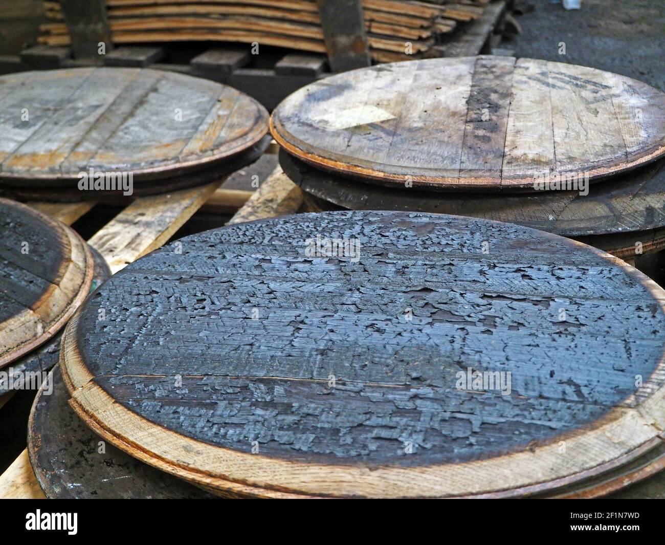 A barrel after the toasting process,  Speyside Cooperage in Craigellachie, Scotland. Stock Photo