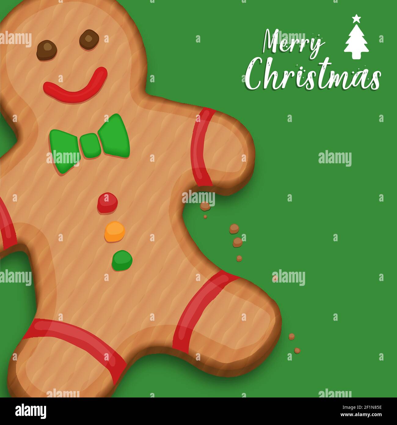 Merry Christmas greeting card illustration of funny gingerbread man cookie in hand drawn style. Traditional holiday food cartoon for xmas wishes or pa Stock Vector