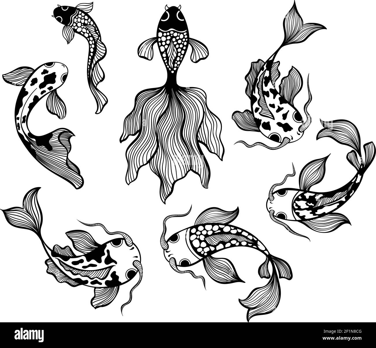 Japanese fish set, carp koi line drawing vector illustrations Stock Vector