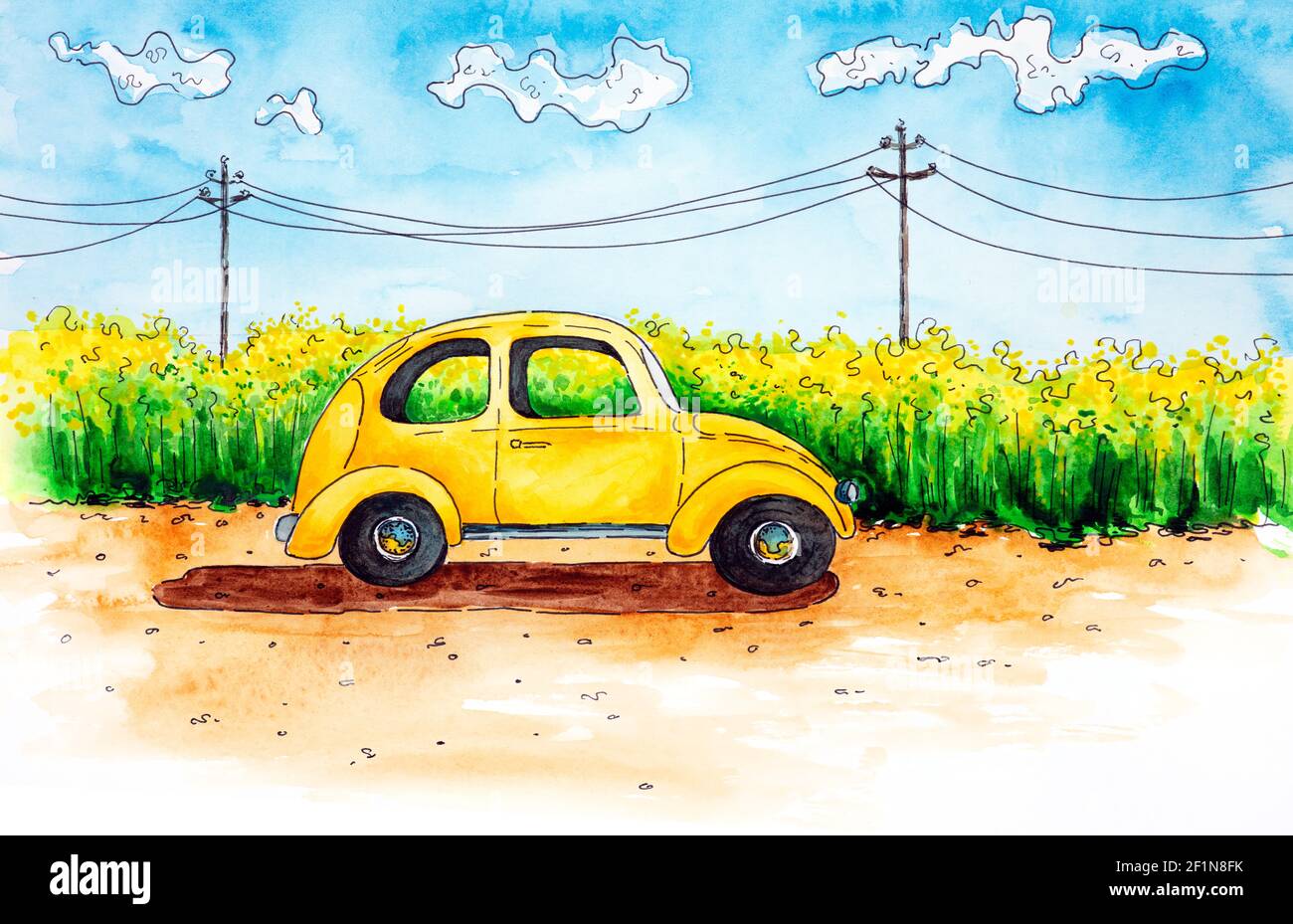 Small retro yellow car, concept of a road trip with family and friends. Hand drawn watercolor illustration. Stock Photo