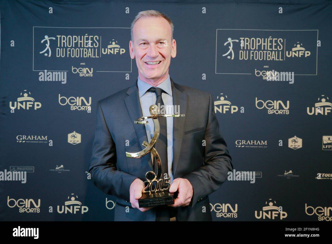 Jean-Marc Furlan (Troyes) at the studio shoot area with his trophy during the UNFP (Union National des Footballeurs Professionnels) Trophies ceremony, rewards for the best in their respective football categories, TV broadcast on BeIN SPORTS at Pavillon Gabriel in Paris, France on may 17, 2015 - Photo Stephane Allaman / DPPI Stock Photo