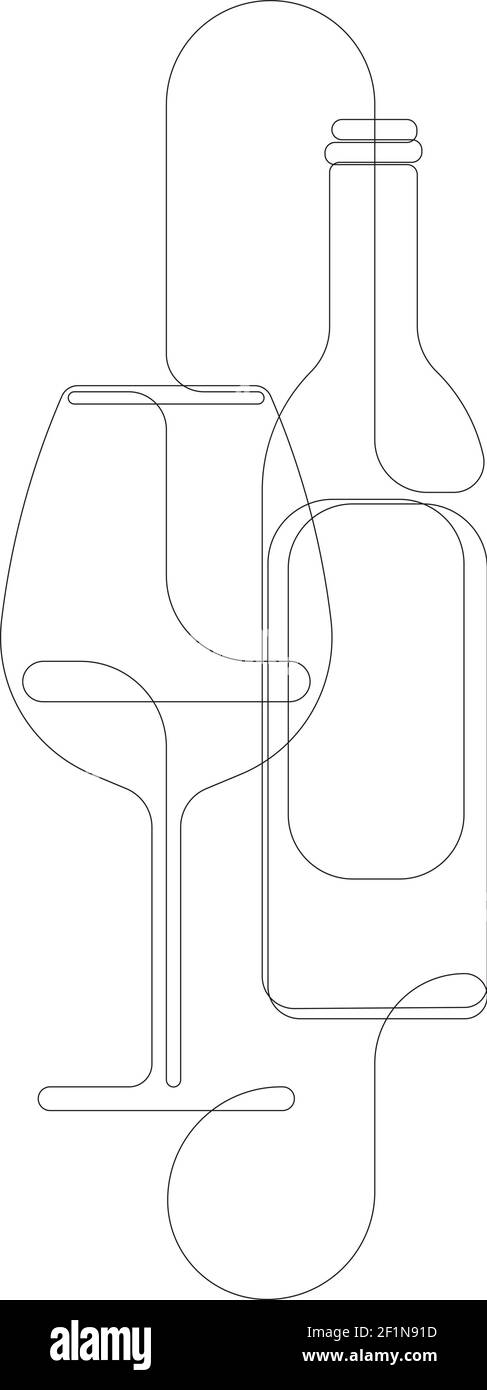 Continuous single line drawing of a bottle of wine and a glass. Hand-drawn one line picture of a silhouette. Minimalist line art Stock Vector