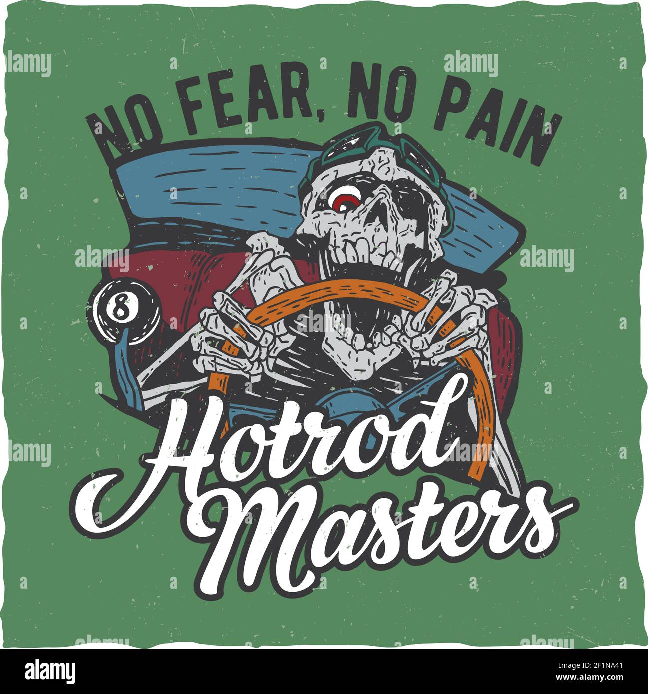 Hotrod masters t-shirt label design with illustration of angry dead hotrod driver Stock Vector