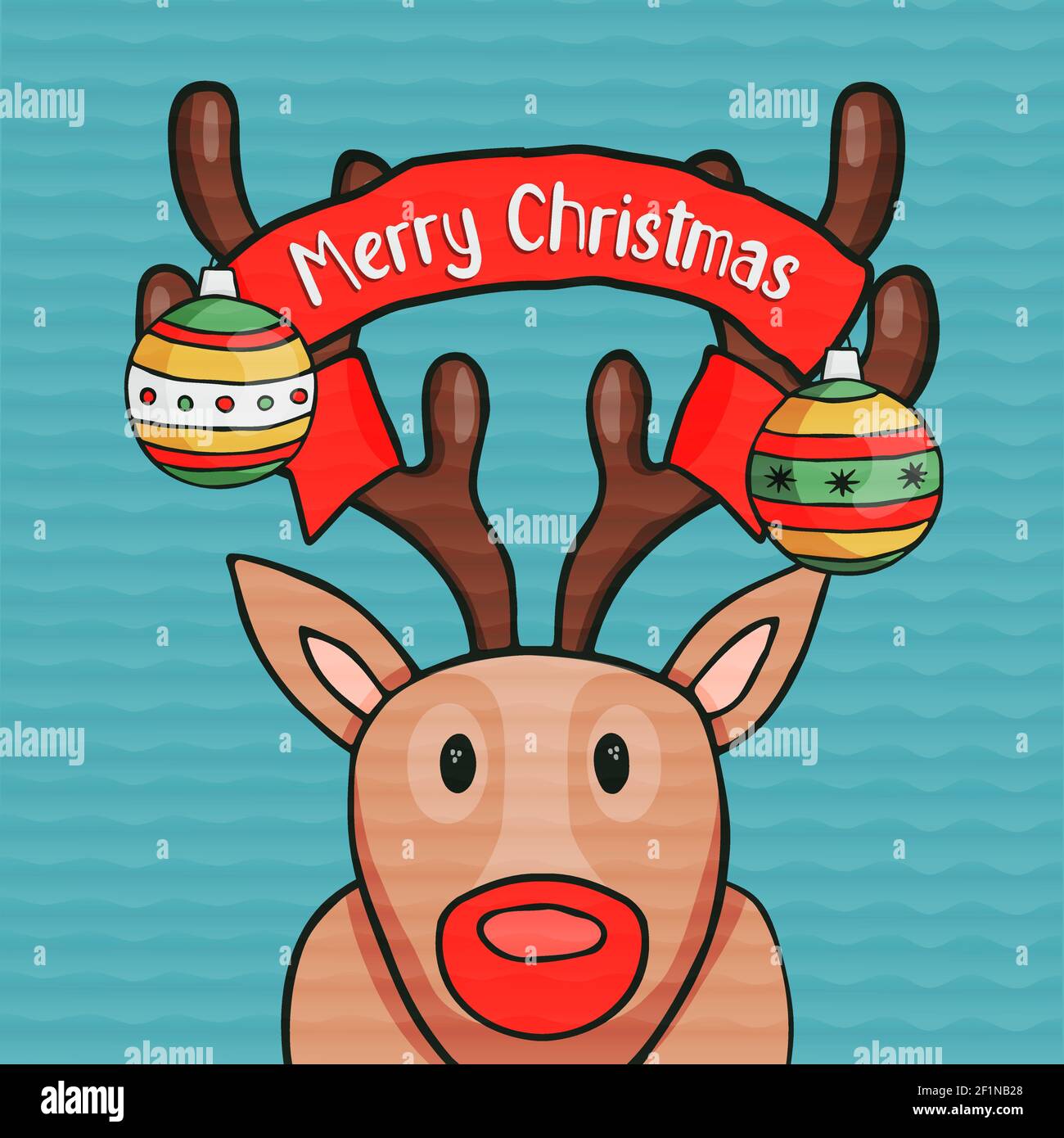 Merry Christmas greeting card illustration of funny reindeer with red nose in hand drawn style. Traditional holiday cartoon deer for xmas wishes or pa Stock Vector