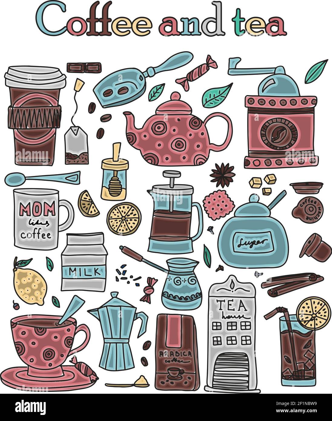 Big set of hand drawn coffee and tea doodles. A set of isolated vector