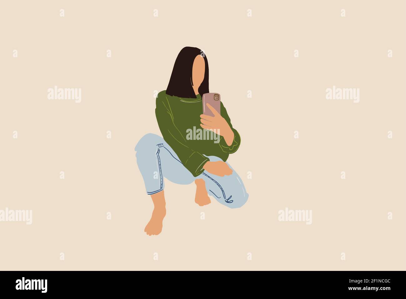 Woman in green sweater and blue jeans sitting squatting and takes a selfie. Vector illustration in flat style and pastel tones. Stock Vector