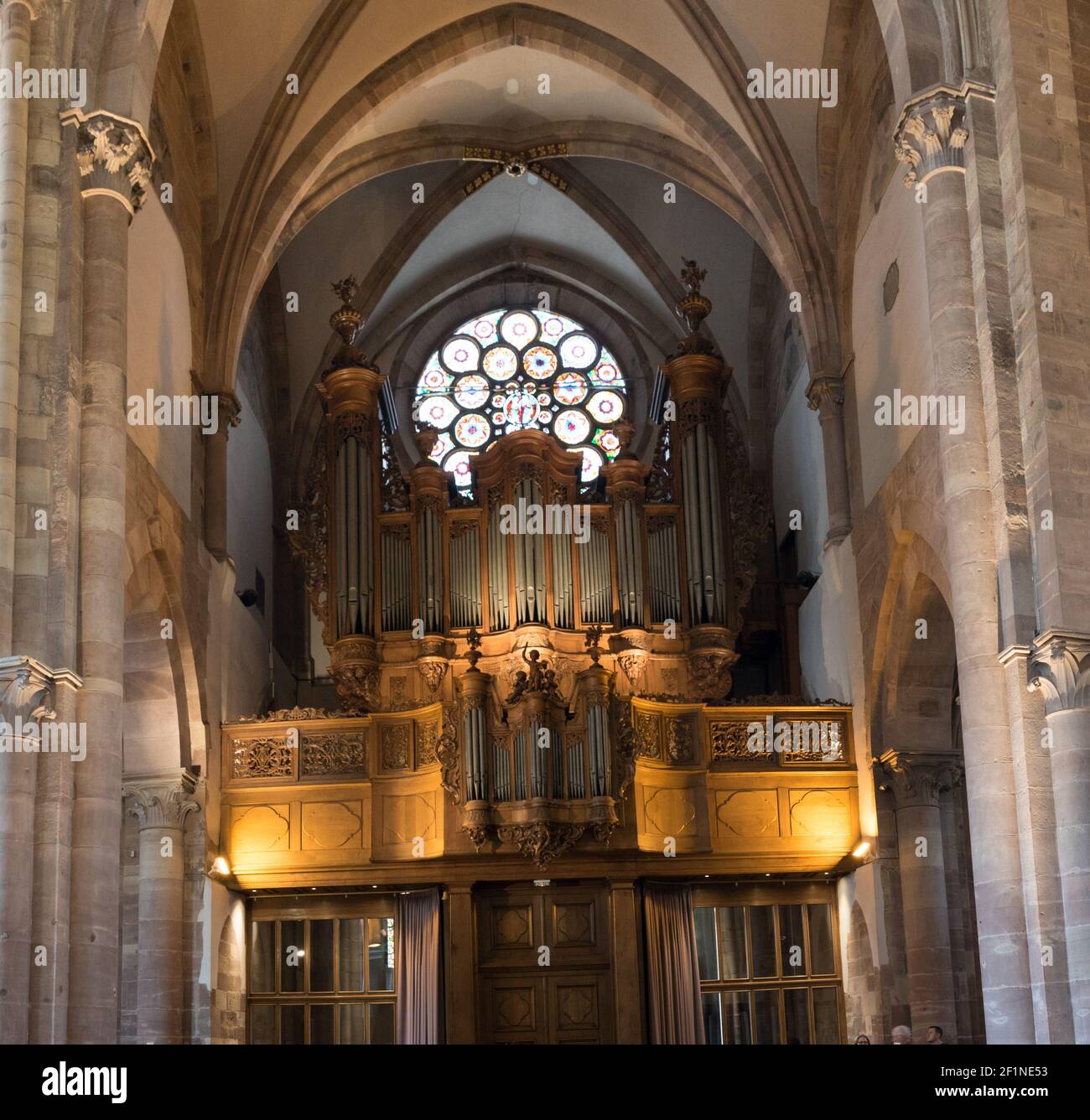 Interior view of the Saint Thomas' Church in Strasbourg with the organ Stock Photo