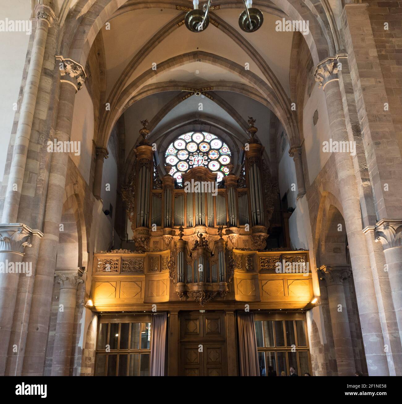 Interior view of the Saint Thomas' Church in Strasbourg with the organ Stock Photo
