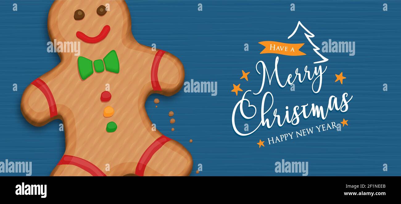 Merry Christmas and Happy New year web banner illustration of funny gingerbread man cookie in hand drawn style. Traditional holiday food cartoon for x Stock Vector