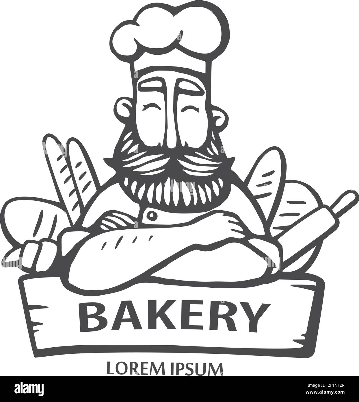 Bakery logo. Hand drawn vector illustration of chief-cooker with a mustache and beard in with a bread. chief logo. Stock Vector