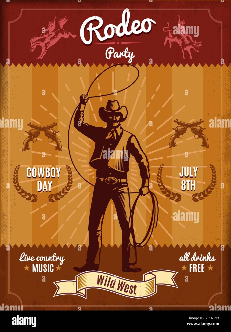 Vintage rodeo poster with cowboy throwing lasso and wild west elements Stock Vector