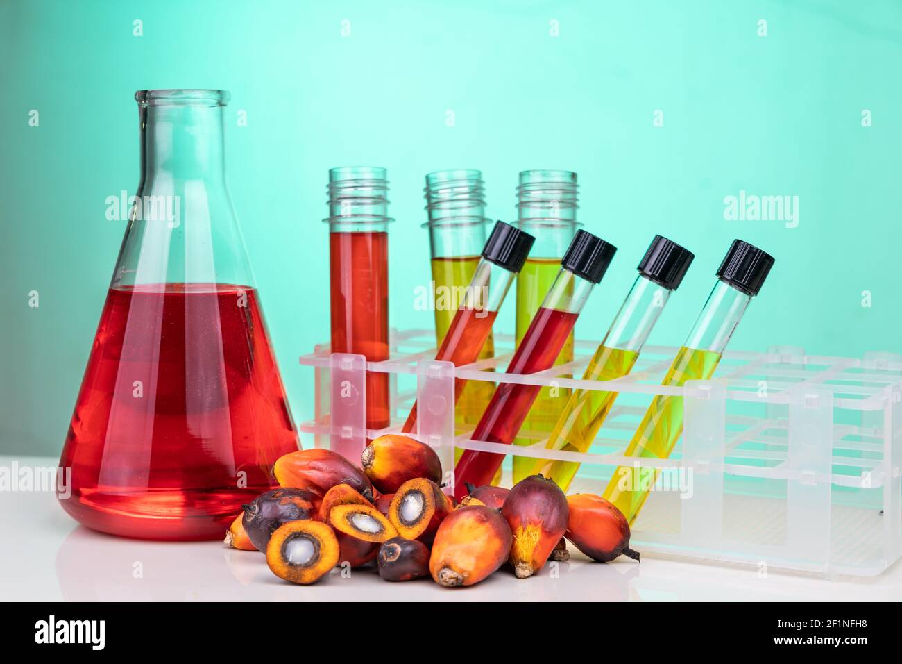 Red color unrefined palm oil and fruits with beaker test tube in laboratory Stock Photo