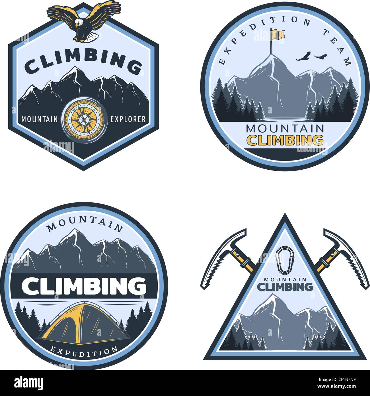 Vintage colored mountain climbing emblems set with inscriptions eagle tent pickaxes metal carabiner on nature landscape isolated vector illustration Stock Vector