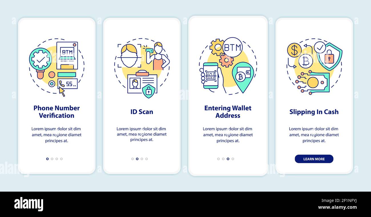Bitcoin ATM verification steps onboarding mobile app page screen with concepts Stock Vector