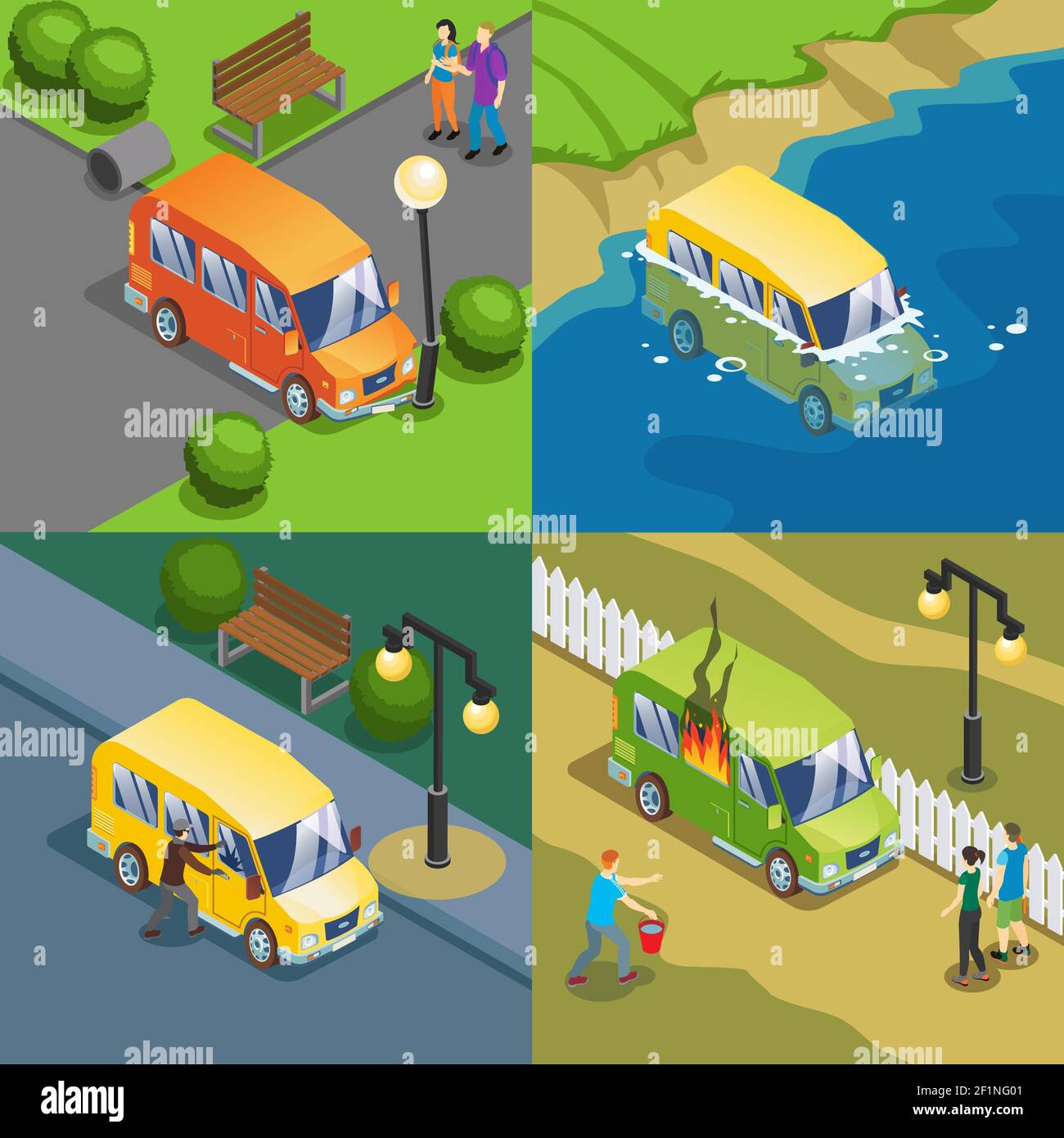 Isometric auto insurance cases concept with car crash accidents and