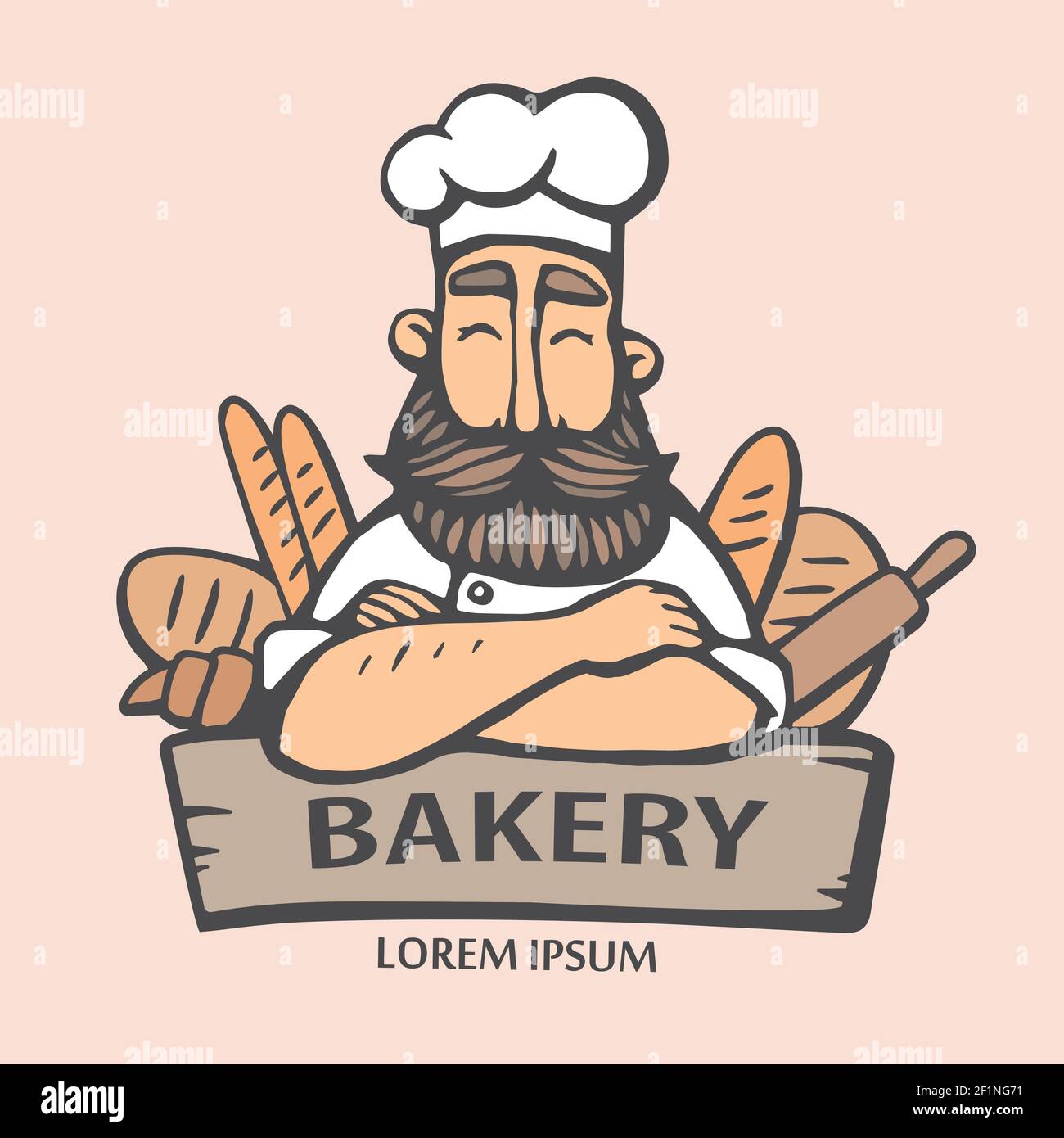 Bakery logo. Hand drawn vector illustration of chief-cooker with a mustache and beard in with a bread. chief logo. Stock Vector