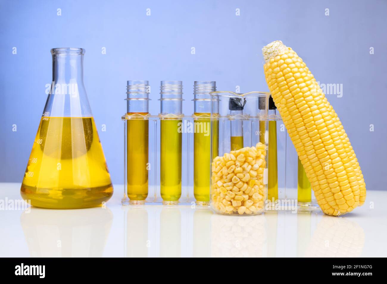 Ethanol biofuel derived from corn maze with beaker test tubes in