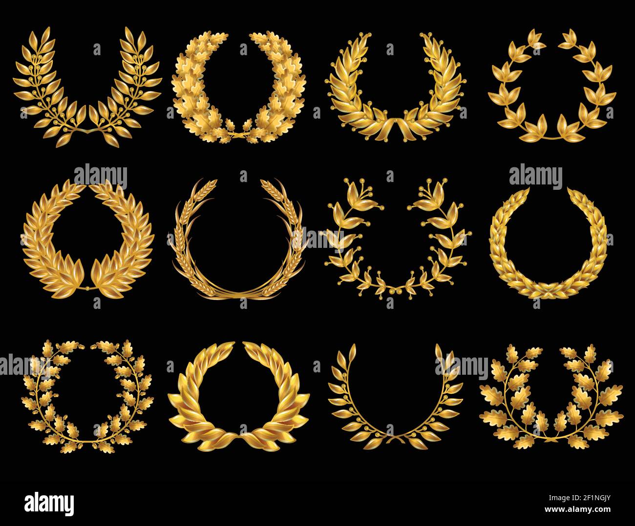 Floral gold wreathes collection with laurel olive oak branches and ...