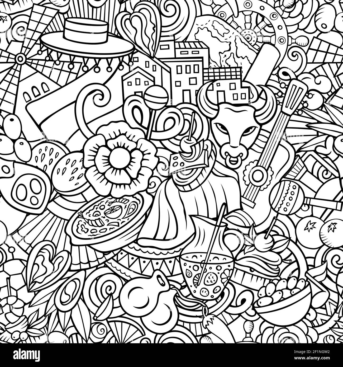 Cartoon doodles Spain seamless pattern. Backdrop with Spanish culture symbols and items. Line art detailed background for print on fabric, textile, wr Stock Vector