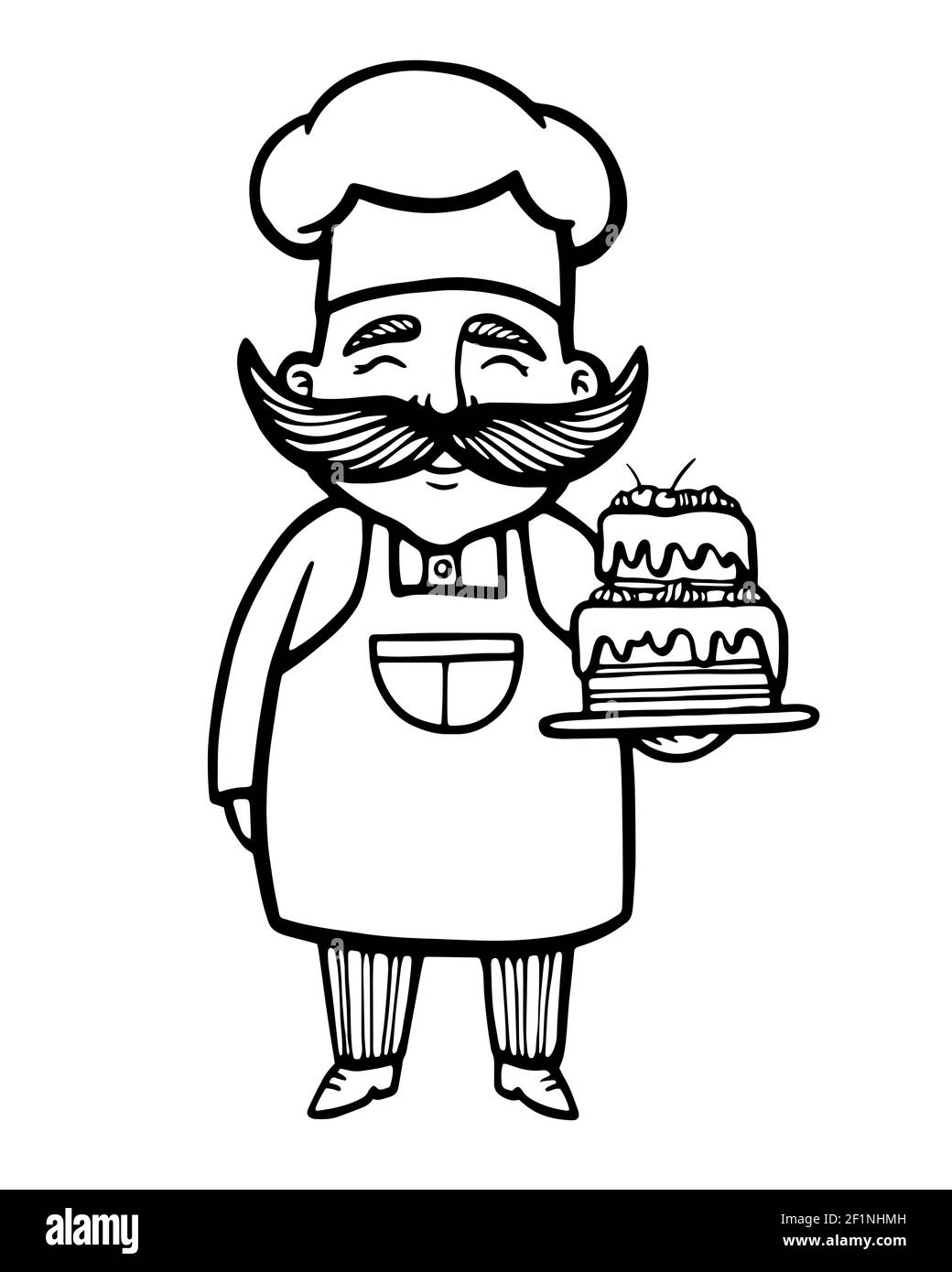 Bakery. Hand drawn vector illustration of chef-cooker with a mustache and cake. chef cake logo. Confectionery logo Stock Vector