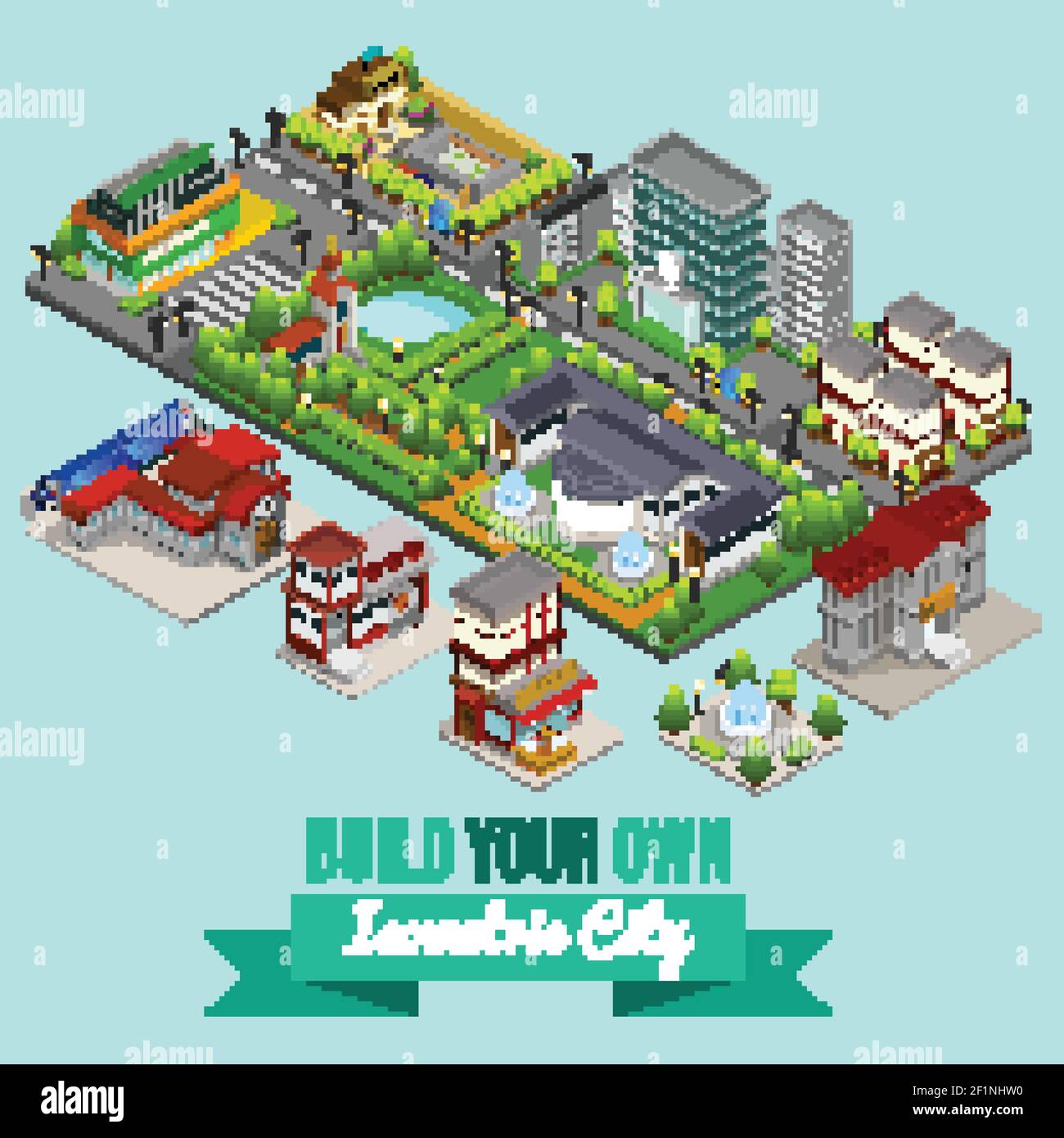 Isometric city creation concept with hospital supermarket school