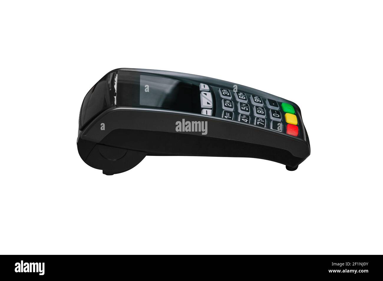 POS payment terminal isolated on white background. Payment by credit card or mobile phone. Device for accepting payment cards. Stock Photo