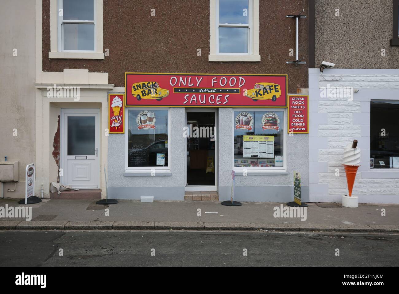 Girvan, South Ayrshire, Scotland, UK.. 30 July 2018. Snack Bar with play on names ' Only Food and Sauces ' rather than Only fools and horses Stock Photo