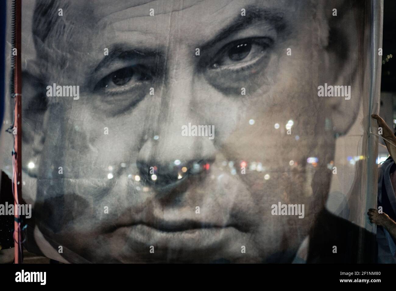 TEL AVIV, ISRAEL - Aug 09, 2018: A banner of Israeli Prime Minister Benjamin Netanyahu at a protest demanding his resignation over corruption charges Stock Photo