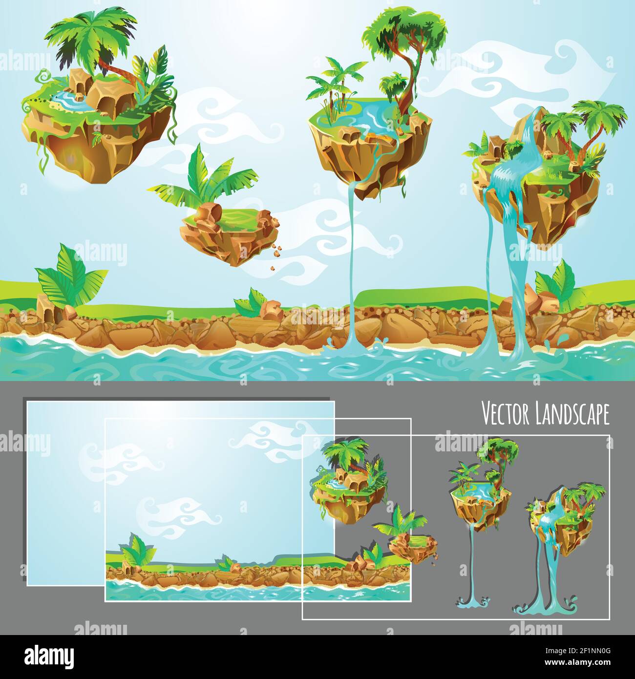 Isometric game tropical nature landscape template with islands palm trees plants stones waterfalls and river vector illustration Stock Vector