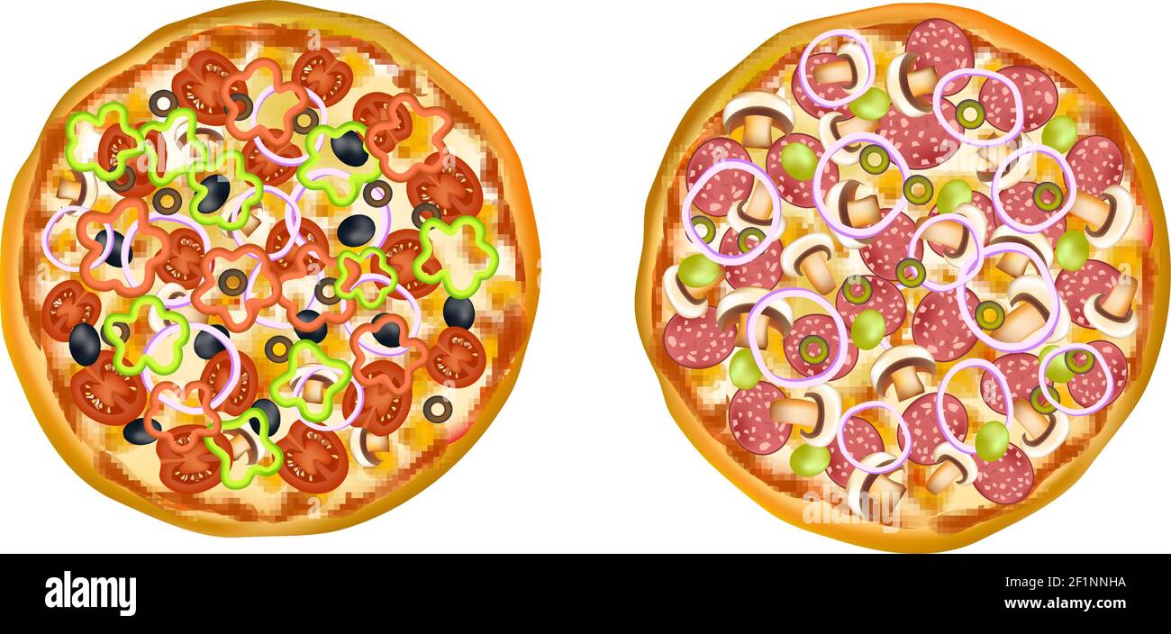 Set of two round isolated realistic images of pizza colorful similar