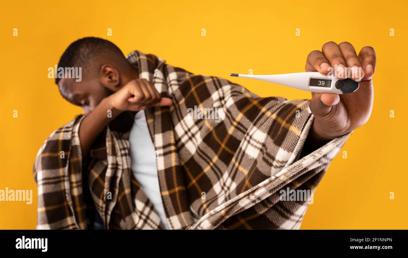 Covid-19 Pneumonia. Sick African Man Showing Thermometer To Camera And Coughing In Elbow Suffering From Lungs Inflammation Disease Standing Over Yello Stock Photo