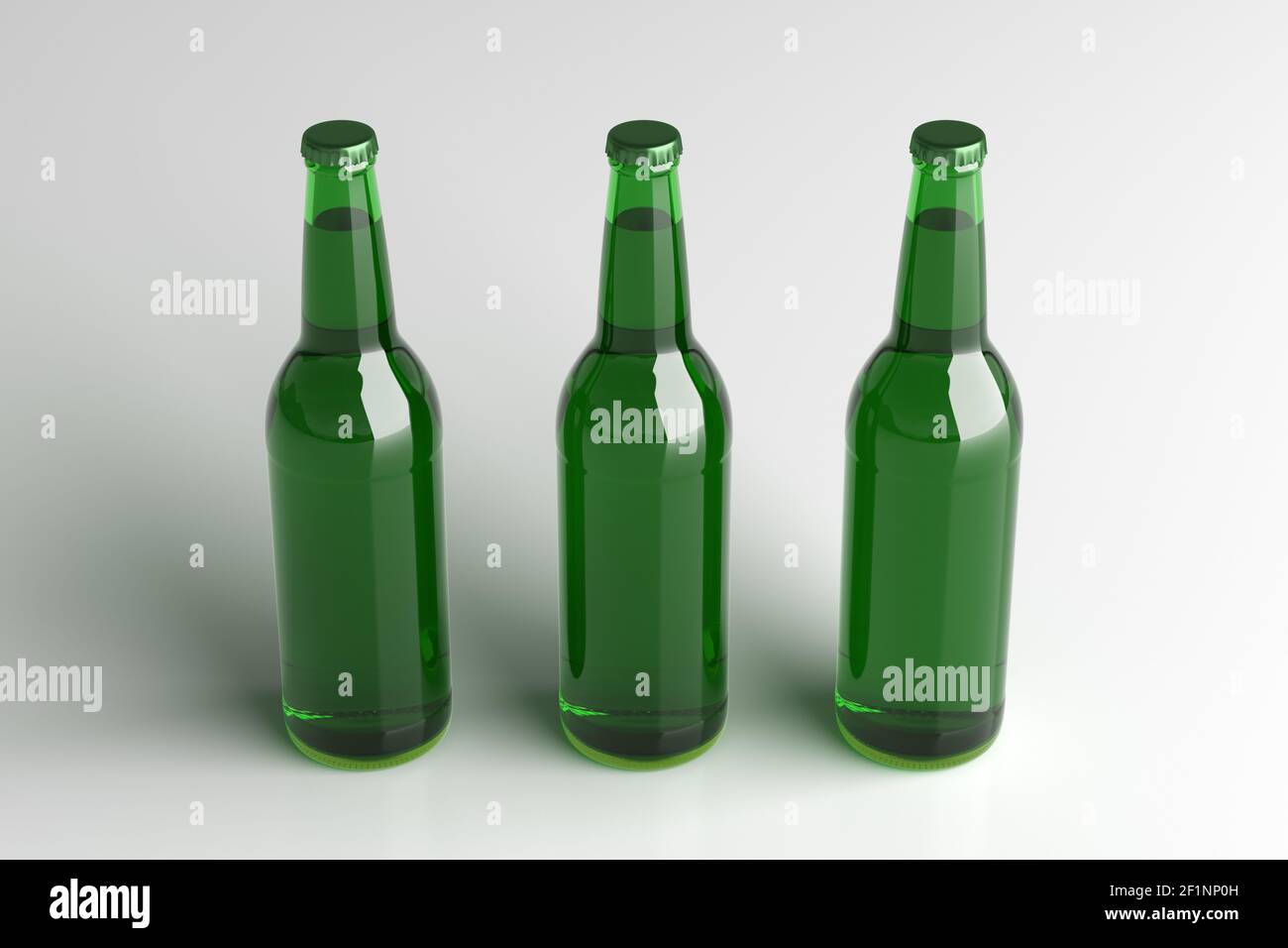 Three beer bottles 500ml mock up on white background. Side view Stock Photo