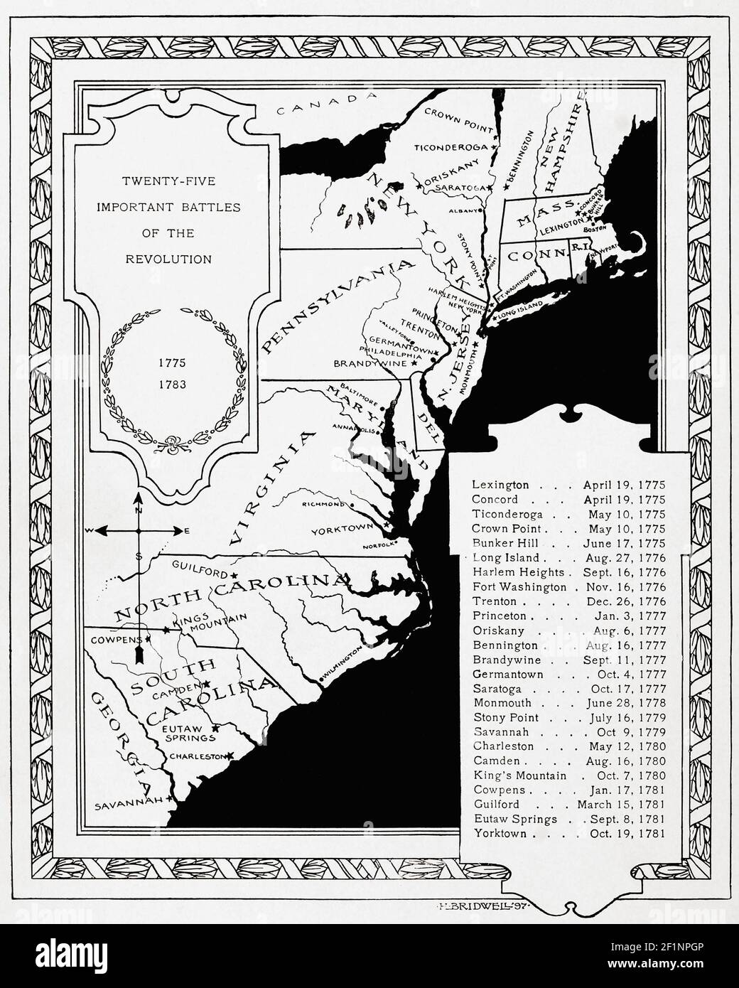 25 Important Battles of the Revolution.  Map published 1897 of major battles of the American Revolutionary War. Stock Photo