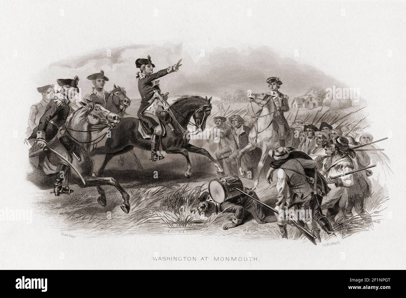 George Washington at the Battle of Monmouth, also known as the Battle of Monmouth Court House, June 28, 1778.  After an 1858 engraving by G.R. Hall from a work by Felix Octavius Carr Darley. Stock Photo