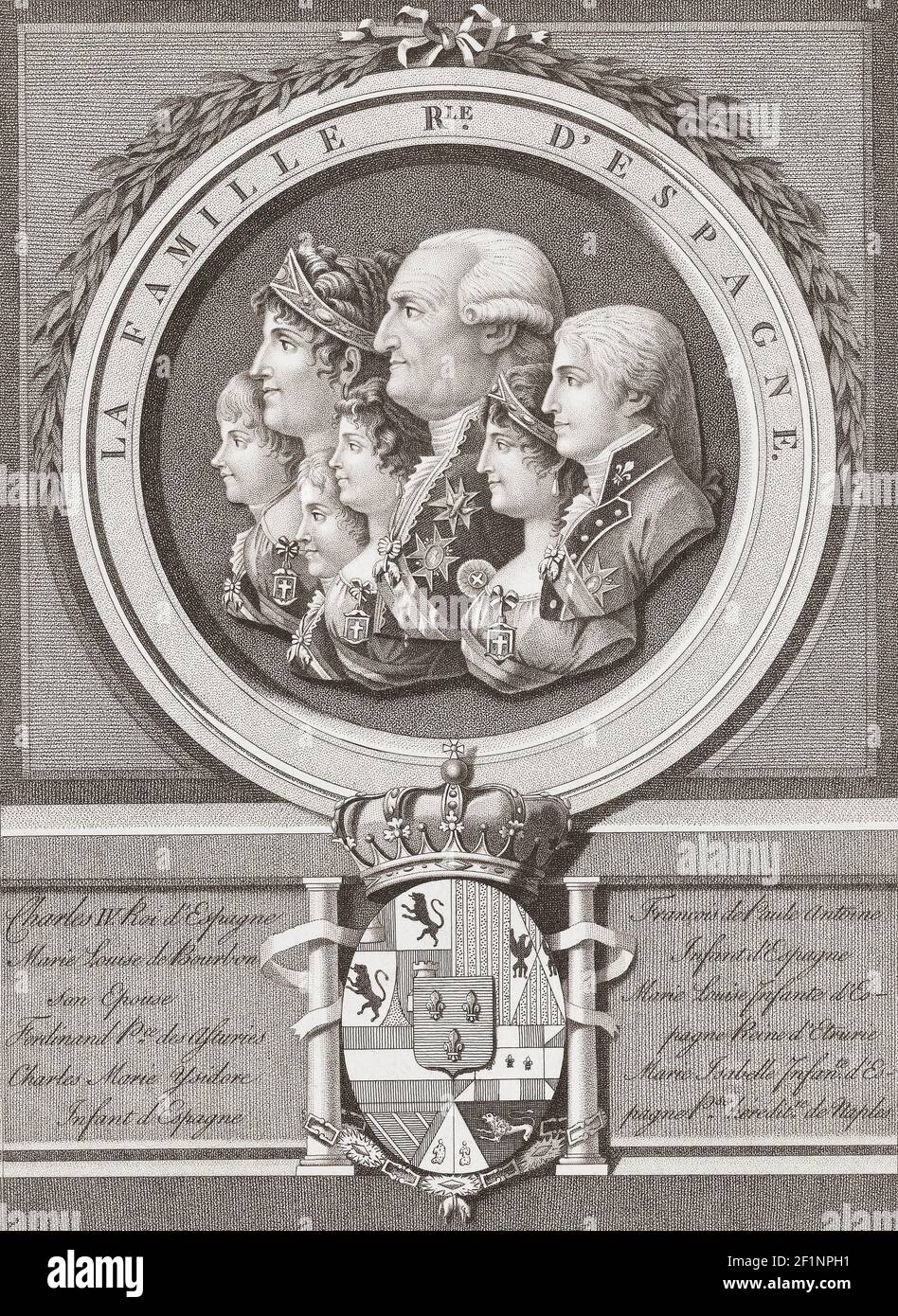 Carlos IV, King of Spain, with his wife Maria Luisa of Parma and their five children.  Carlos IV, 1748 - 1819.  Maria Luisa of Parma, 1751 - 1819.  From an early 19th century engraving by Antoine Cardon after a work by Richard Cosway. Stock Photo
