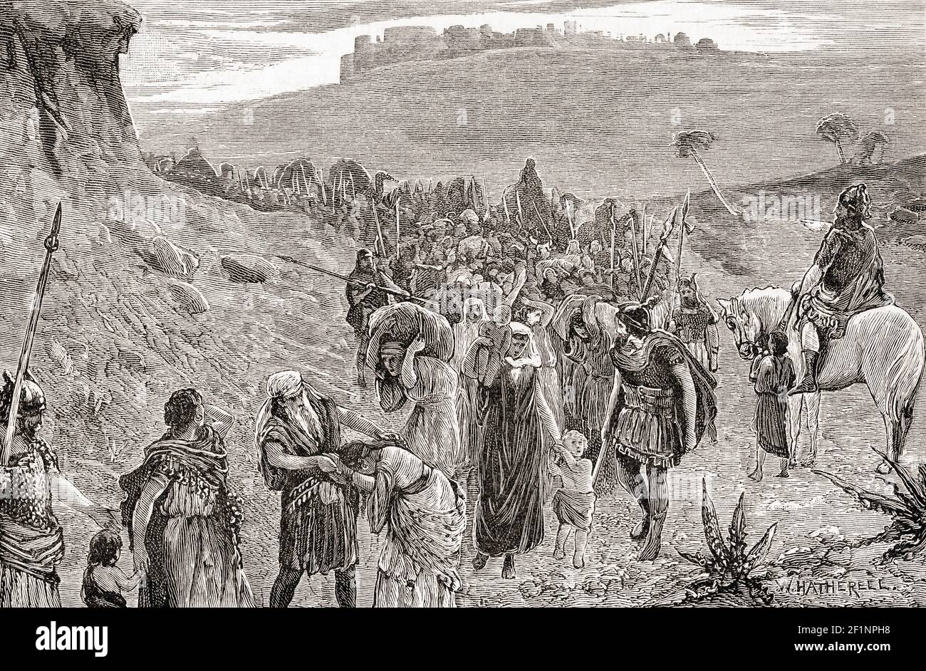 The Israelites captured by the Assyrians and going into captivity.  From Cassell's Universal History, published 1888. Stock Photo