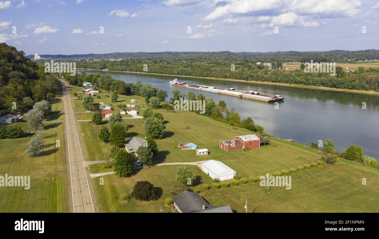 Aerial Perspective Barge Transportation Over Gallipolis Waterfront